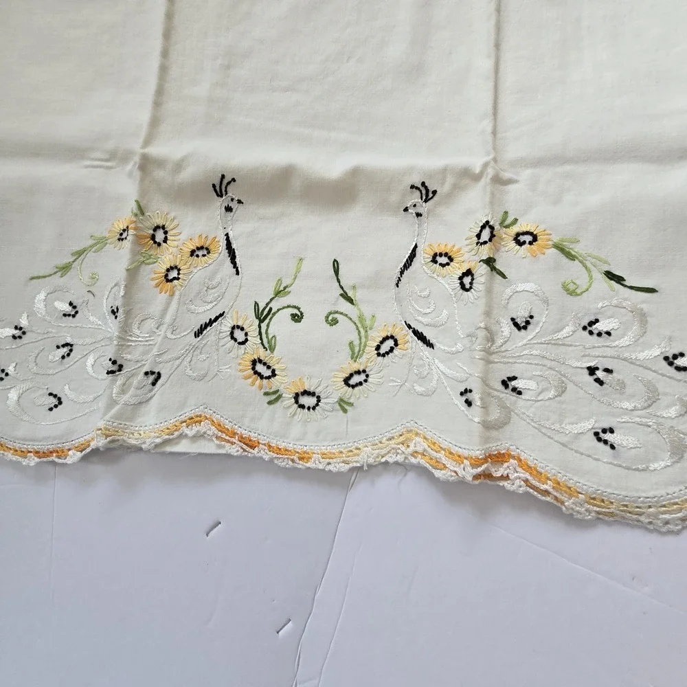 Vintage Embroidered Peacock Yellow Crocheted Edge Cotton Boho Cottage Granny